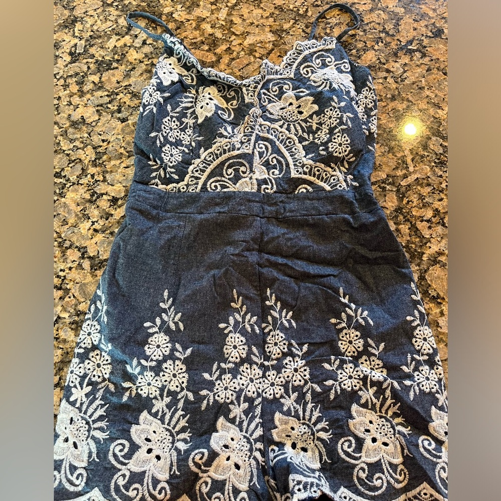 Denim and White Embroidery Romper